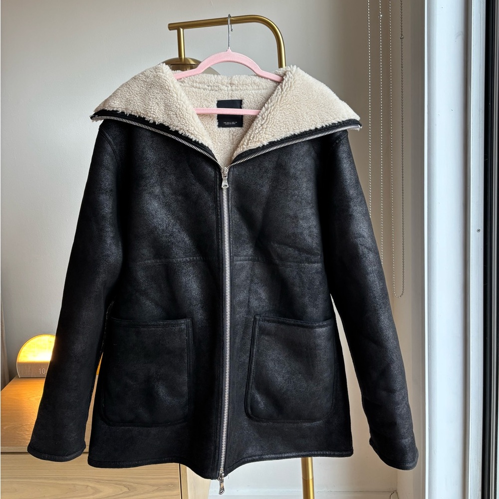 Mango Black Shearling-Lined Coat with Zip Closure